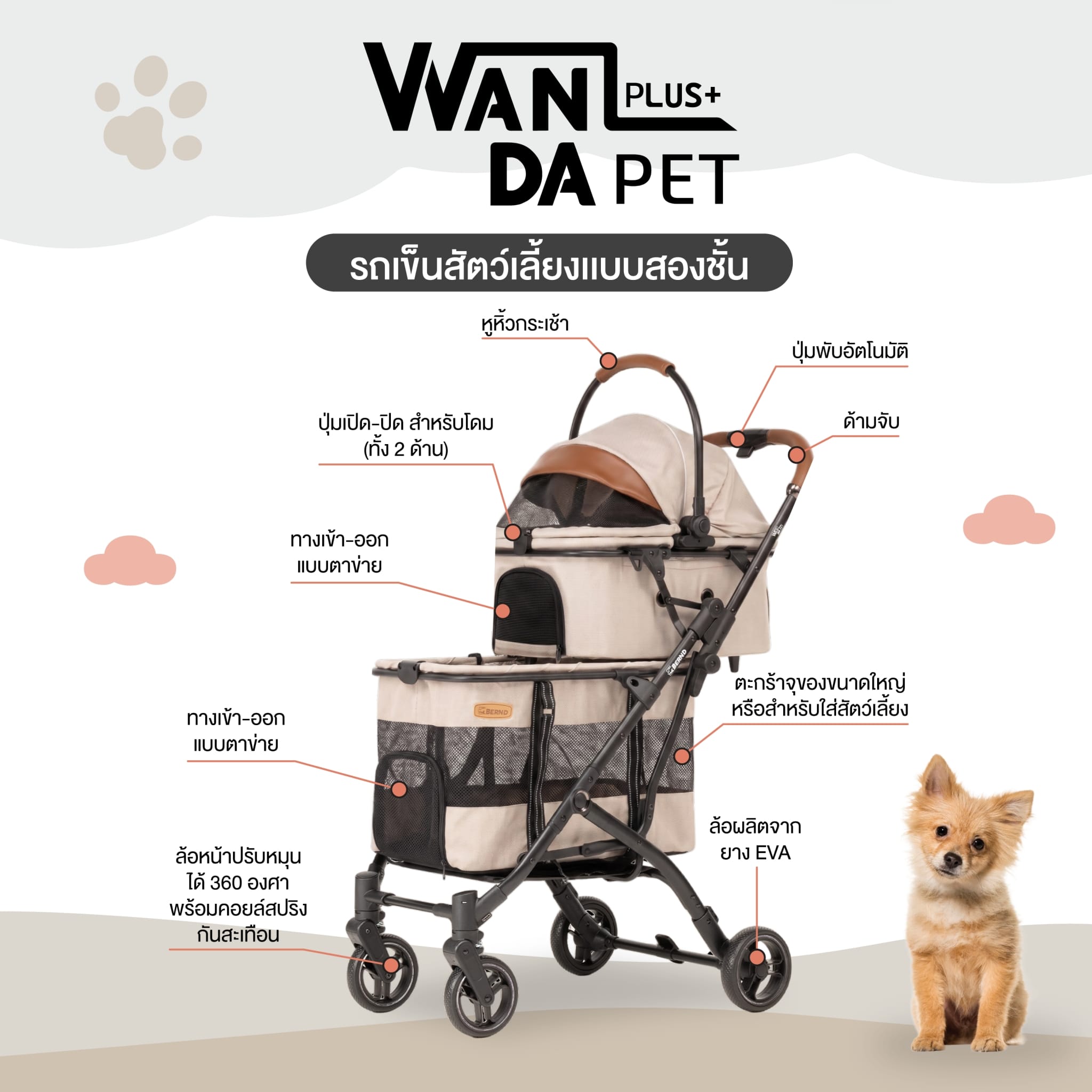 รถเข็นสัตว์เลี้ยงแบบสองชั้น BERND WANDA PET PLUS -TUSCAN BEIGE_3